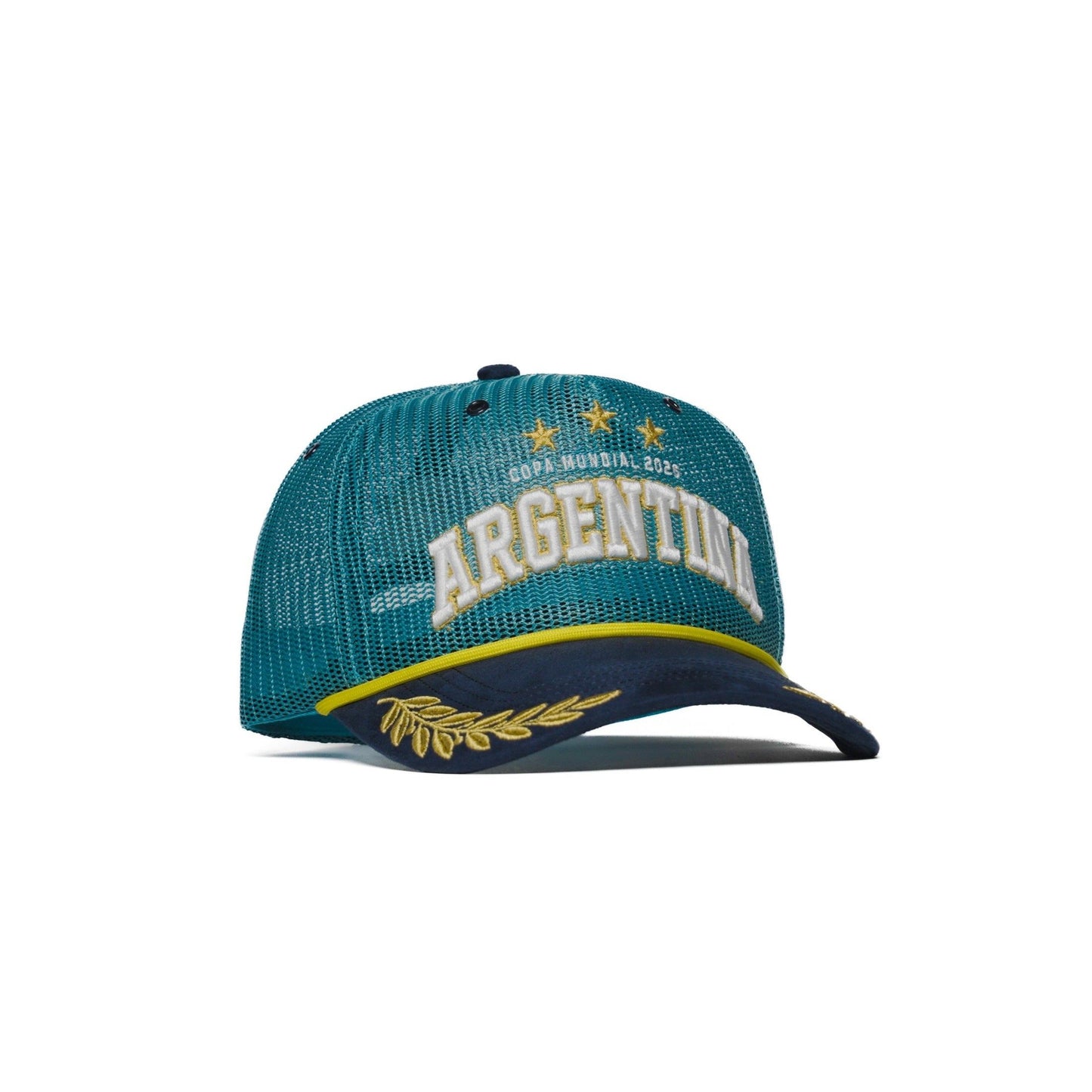 Right side view of Argentina trucker hat with teal mesh crown and navy curved brim — The Hat Dealers