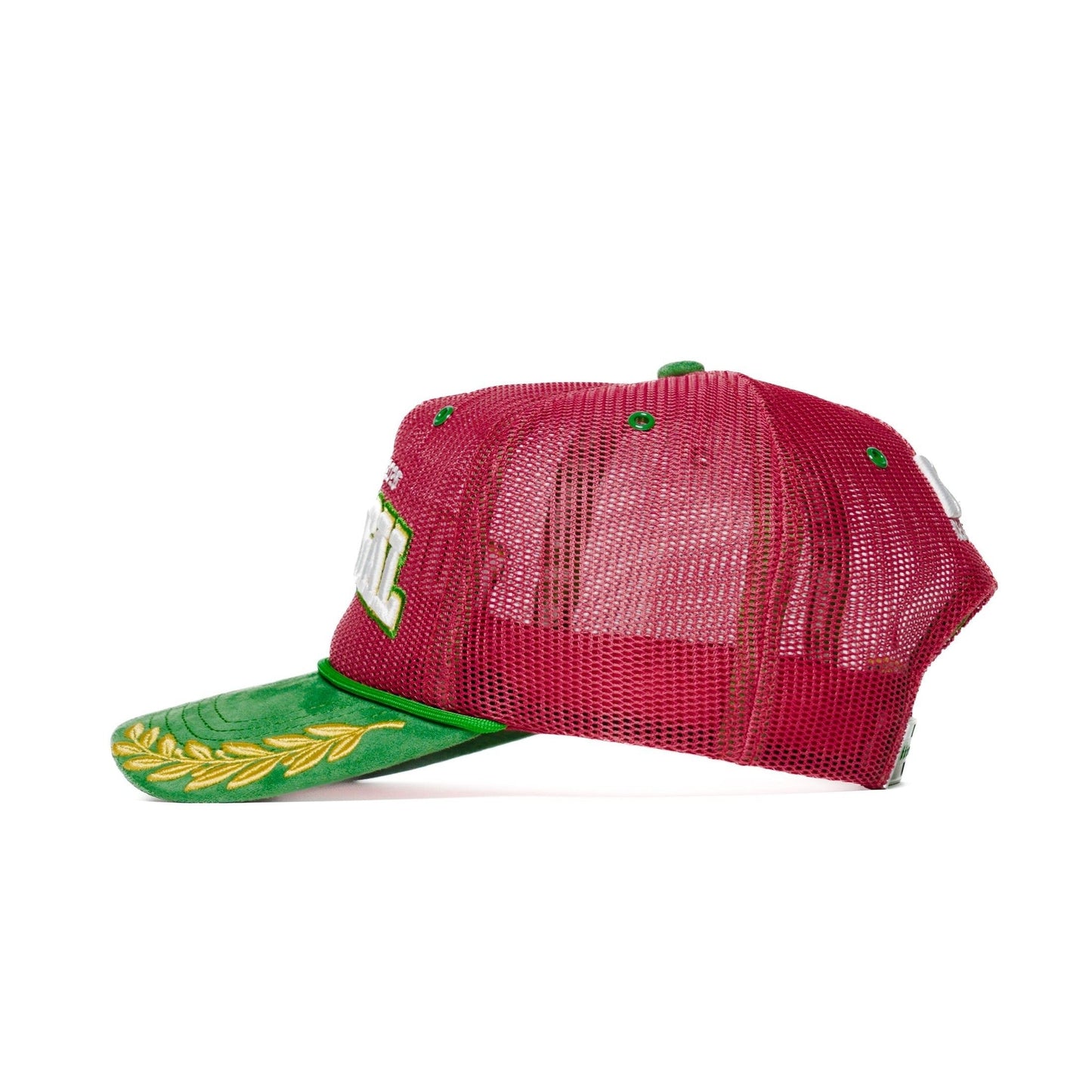 Left side view of Portugal trucker hat with flat green laurel brim and red mesh panels — The Hat Dealers