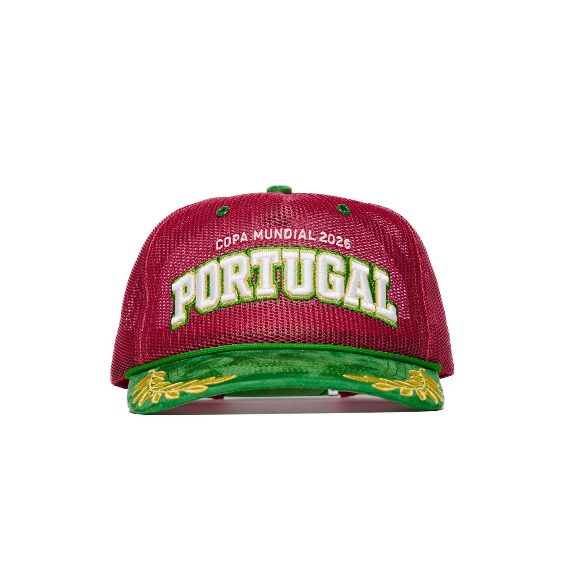 Front view of Portugal trucker hat — red mesh crown, 3D white PORTUGAL embroidery, green gold-laurel brim — The Hat Dealers