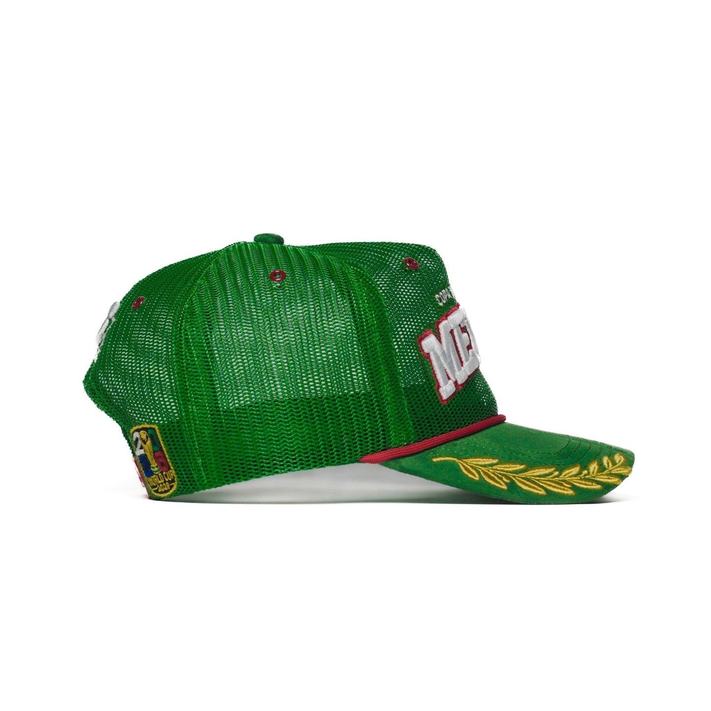 Right side of the Mexico trucker hat with green mesh panels and gold patch — The Hat Dealers