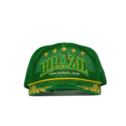 Front view of the Brazil trucker hat — The Hat Dealers — green mesh trucker with 5 gold stars and 3D raised BRAZIL embroidery