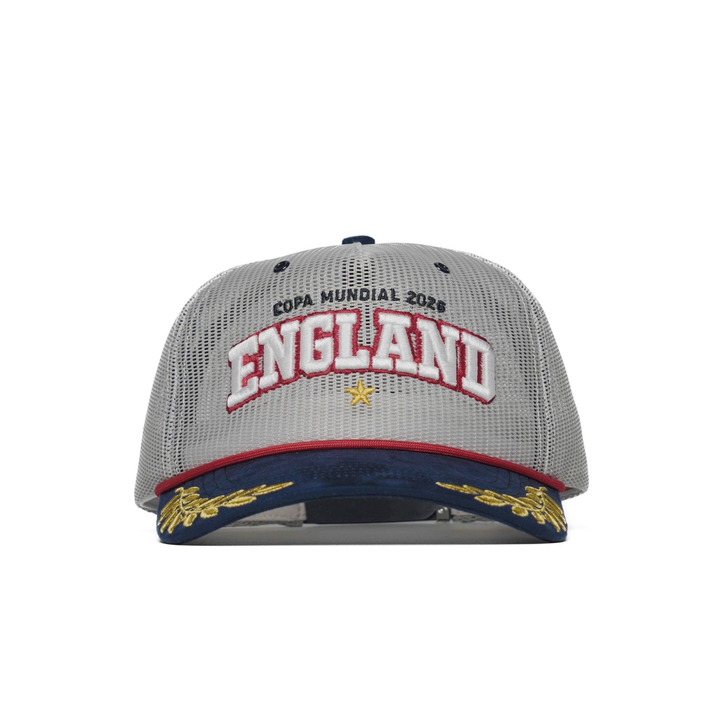 Front view of England trucker hat — grey mesh with 3D ENGLAND embroidery, gold star and navy laurel brim — The Hat Dealers