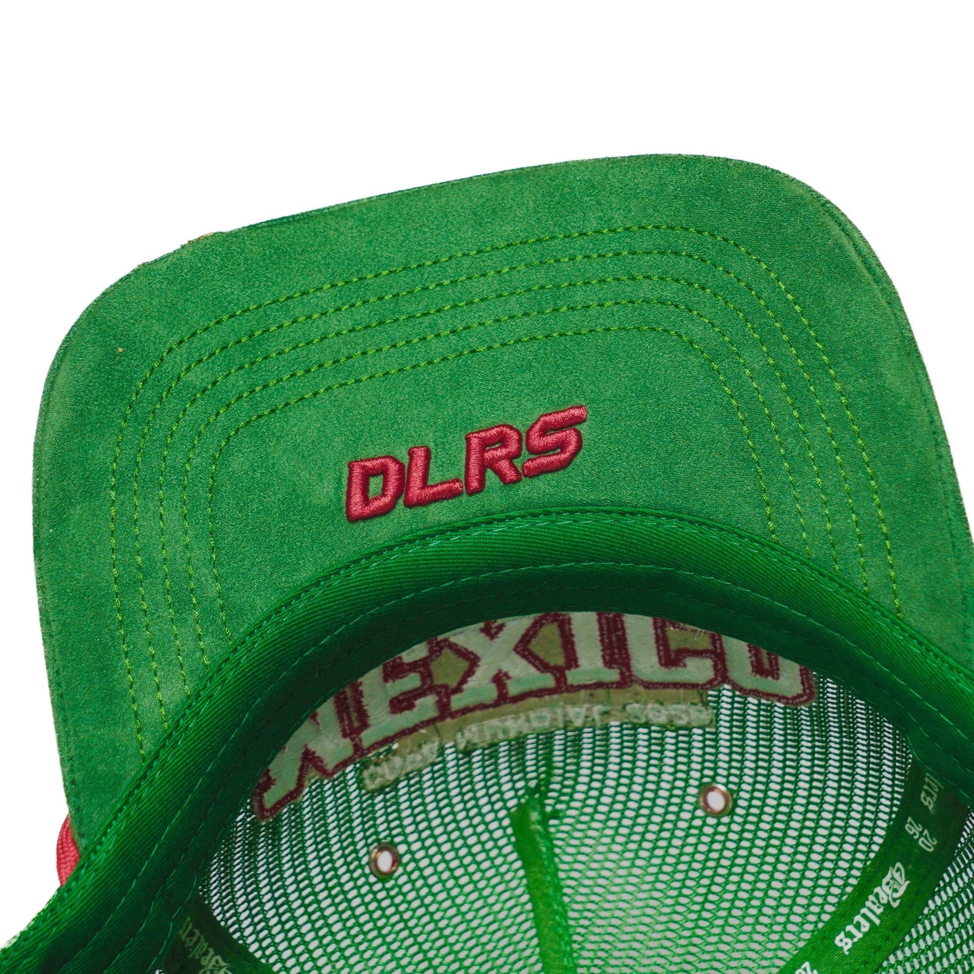 Underbrim detail of the Mexico trucker hat — green brim with red DLRS embroidery — The Hat Dealers