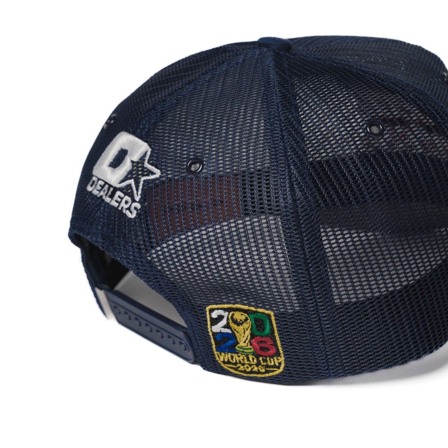 Right side view of USA trucker hat — The Hat Dealers — navy structured trucker with gold laurel brim