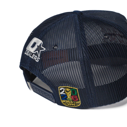 Right side view of USA trucker hat — The Hat Dealers — navy structured trucker with gold laurel brim
