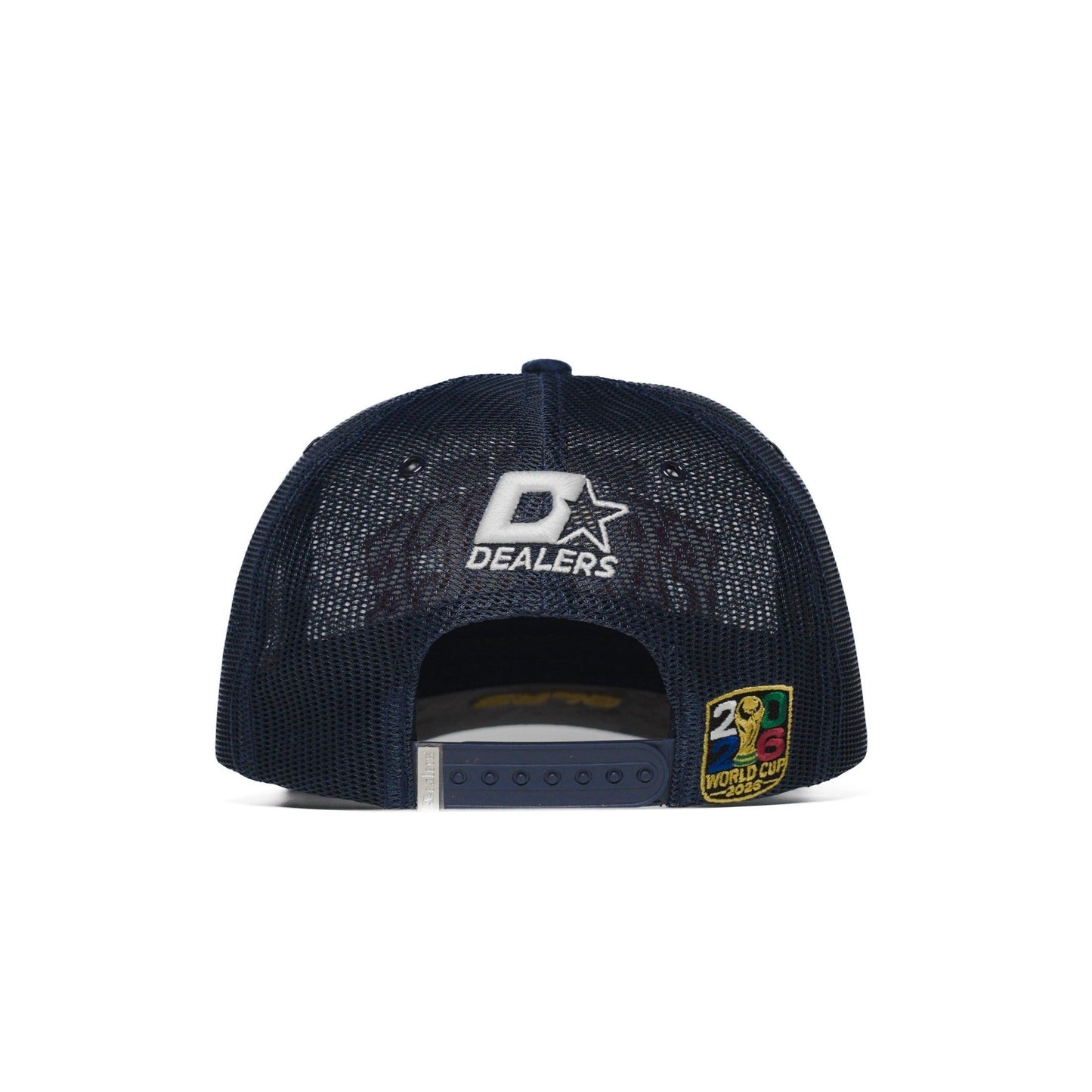 Back of the France trucker hat — The Hat Dealers — navy mesh with white Dealers star logo, red snap closure and a square patch