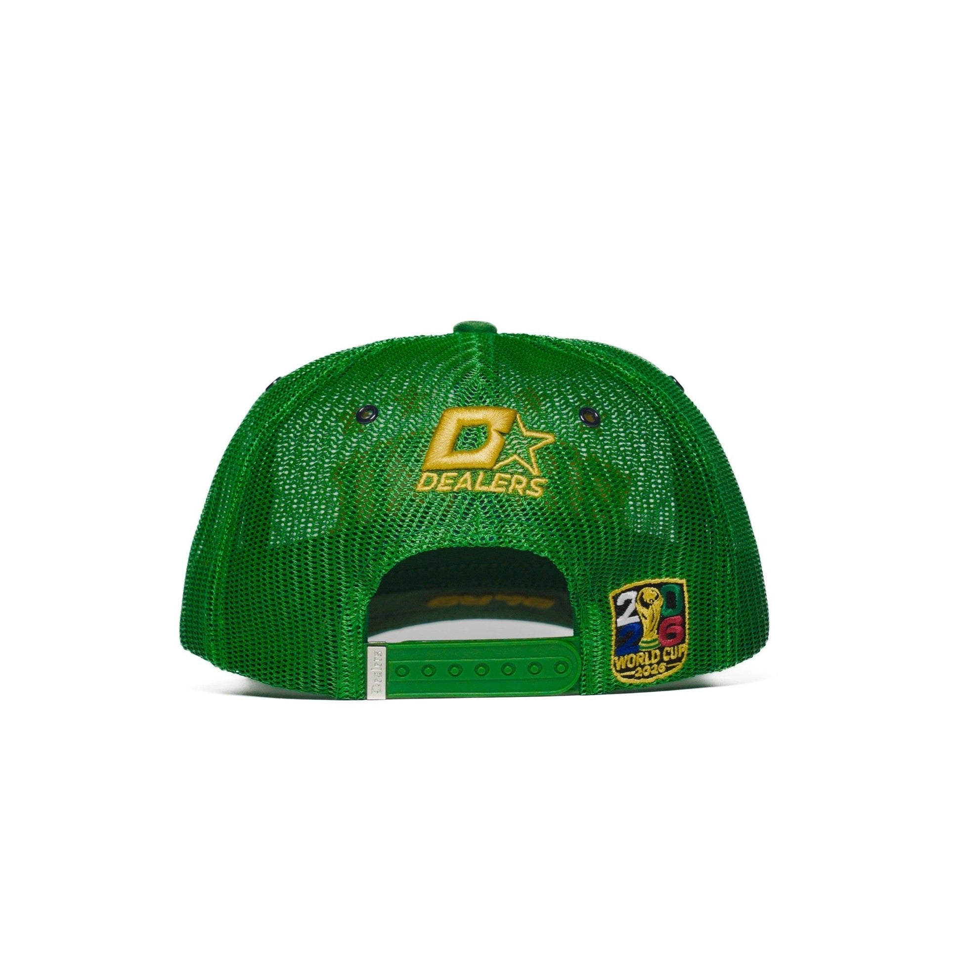 Back view of the Brazil trucker hat — The Hat Dealers — green mesh with gold Dealers logo, snap closure and woven patch