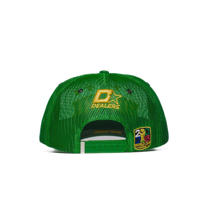 Back view of the Brazil trucker hat — The Hat Dealers — green mesh with gold Dealers logo, snap closure and woven patch