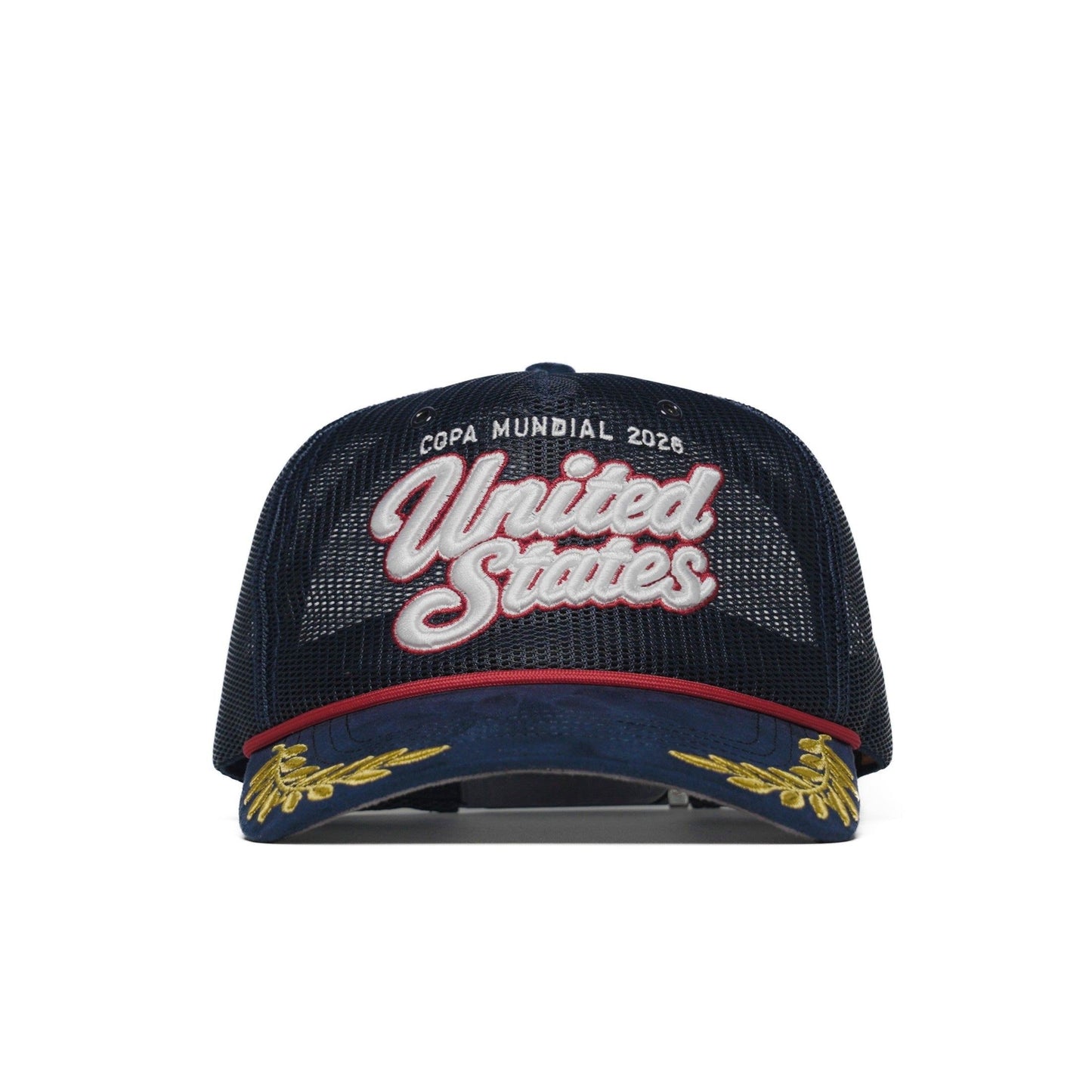 Front view of USA trucker hat — The Hat Dealers — navy cap with 3D 'United States' embroidery, gold laurel brim and red rope cord