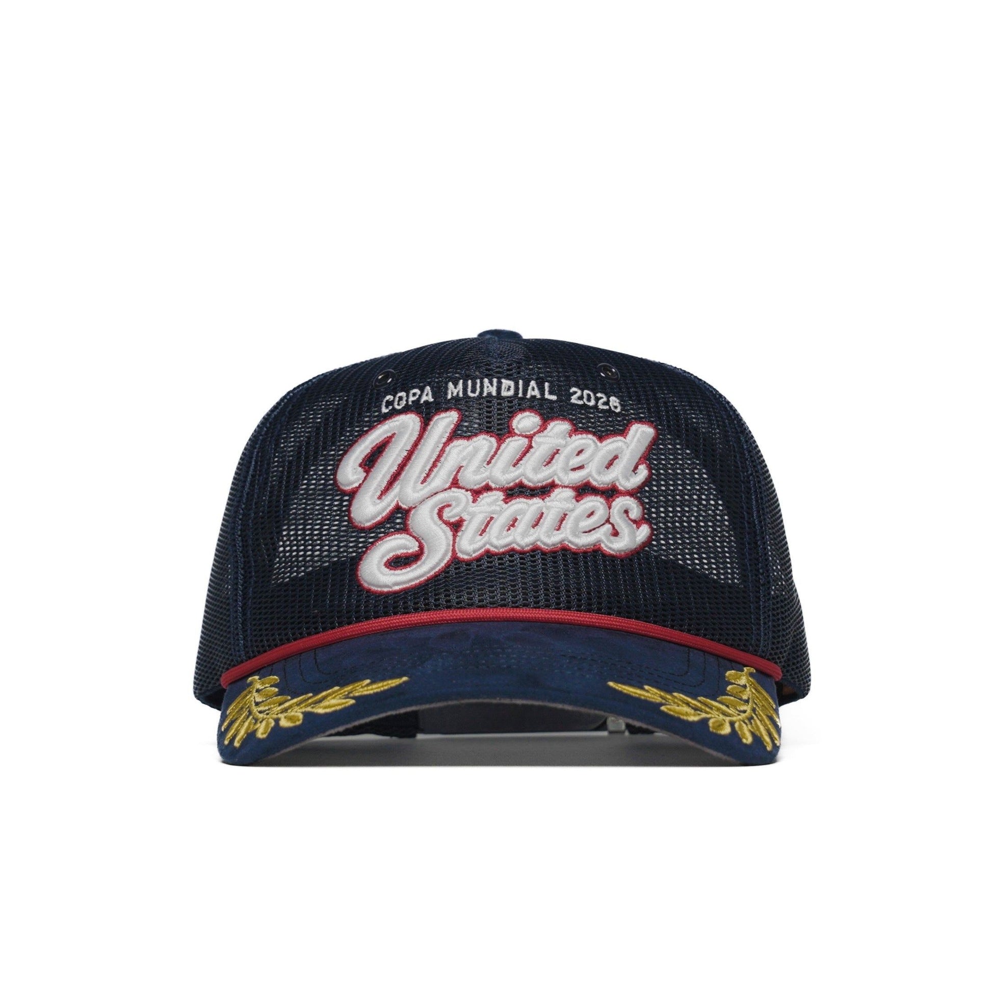 Front view of USA trucker hat — The Hat Dealers — navy cap with 3D 'United States' embroidery, gold laurel brim and red rope cord