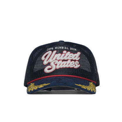 Front view of USA trucker hat — The Hat Dealers — navy cap with 3D 'United States' embroidery, gold laurel brim and red rope cord