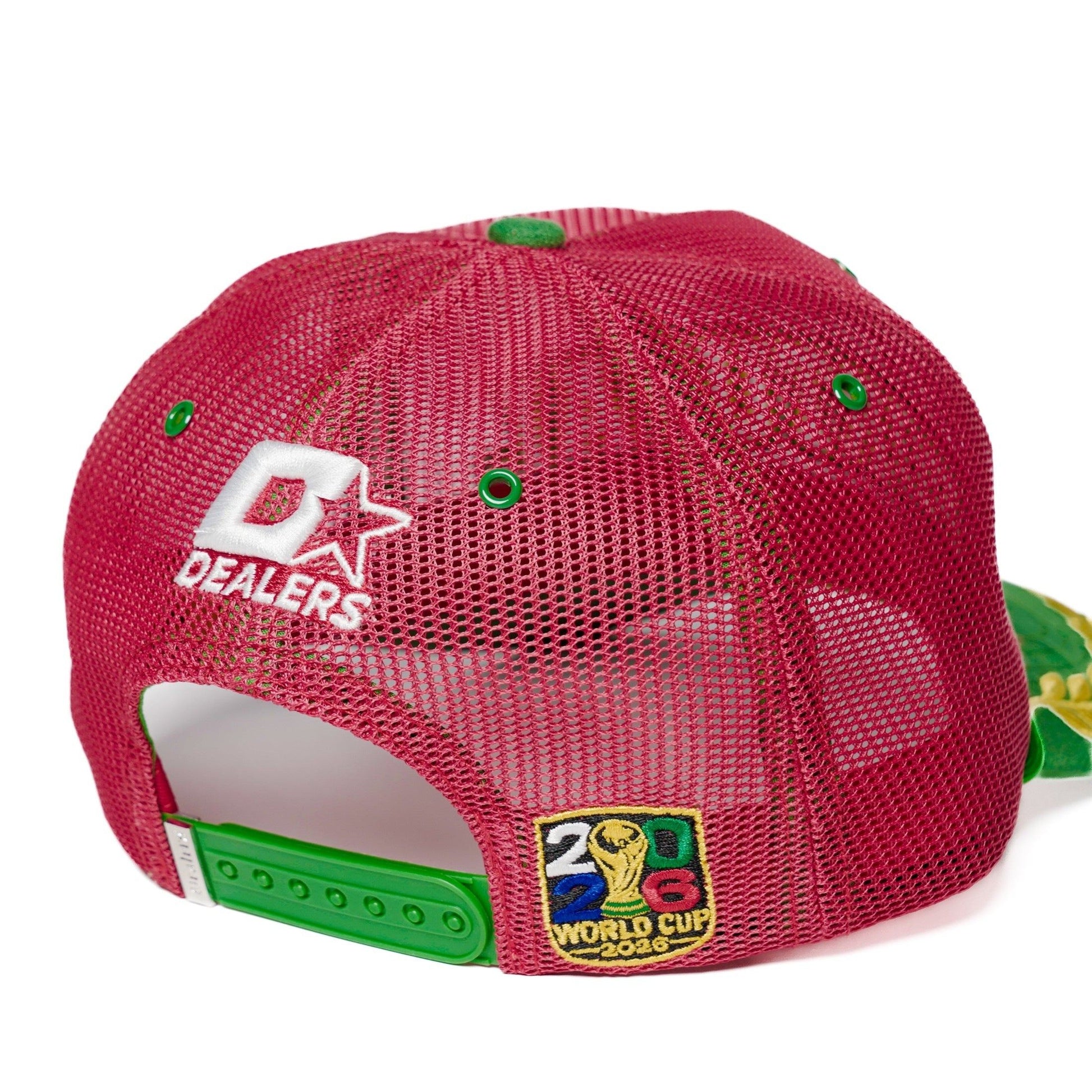 Front three-quarter angle of Portugal trucker hat with raised PORTUGAL embroidery and green laurel brim — The Hat Dealers