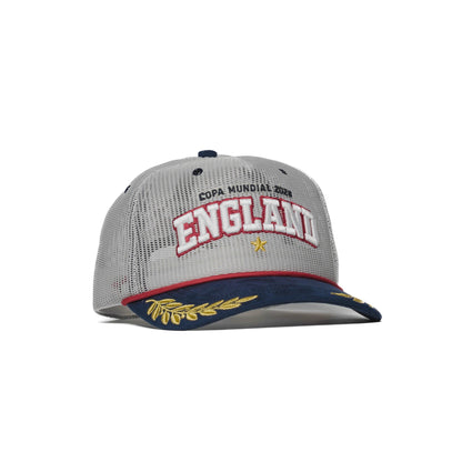 Front-left angle of England trucker hat with red rope cord and navy suede brim — The Hat Dealers