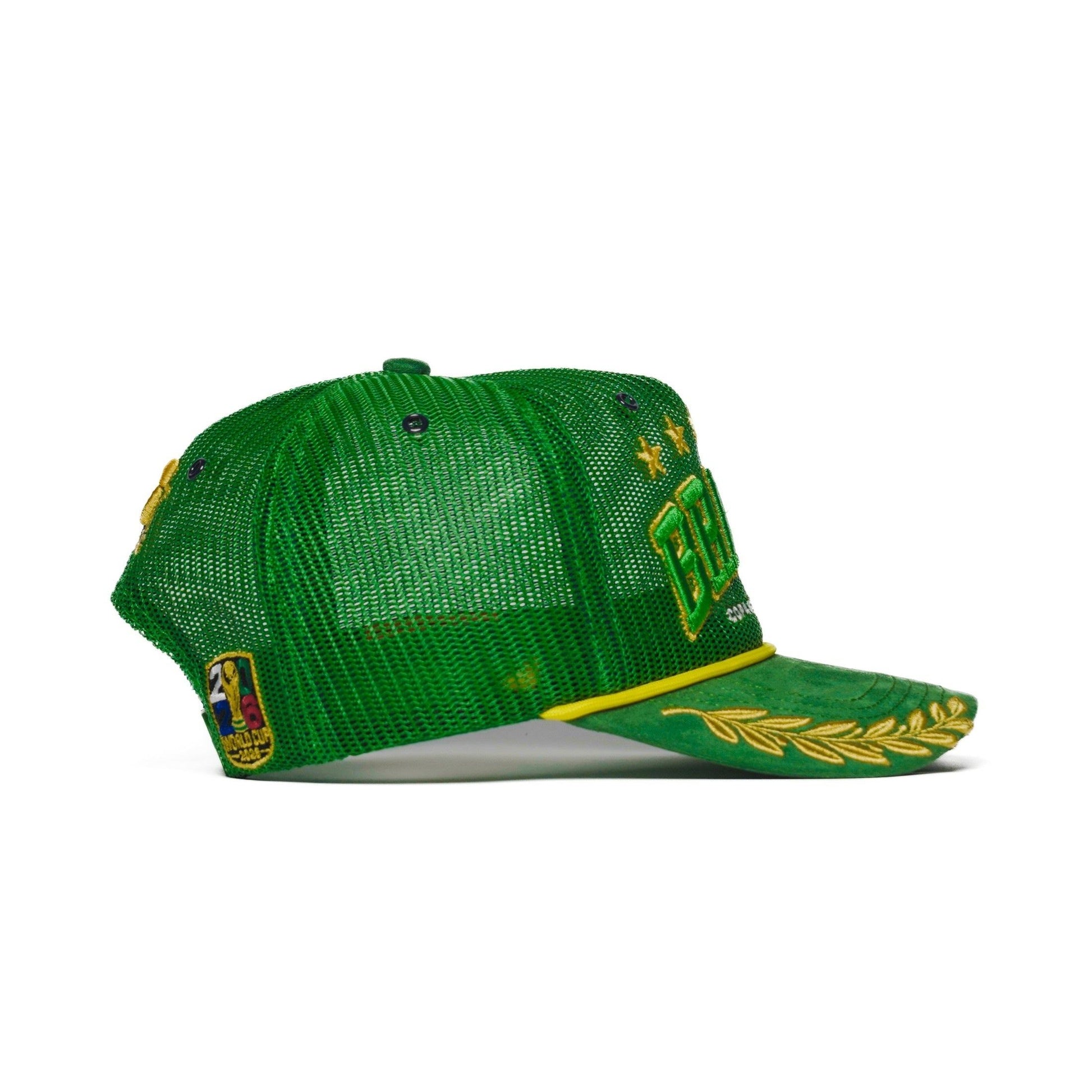 Left side view of the Brazil trucker hat — The Hat Dealers — green mesh with gold detailing and woven patch