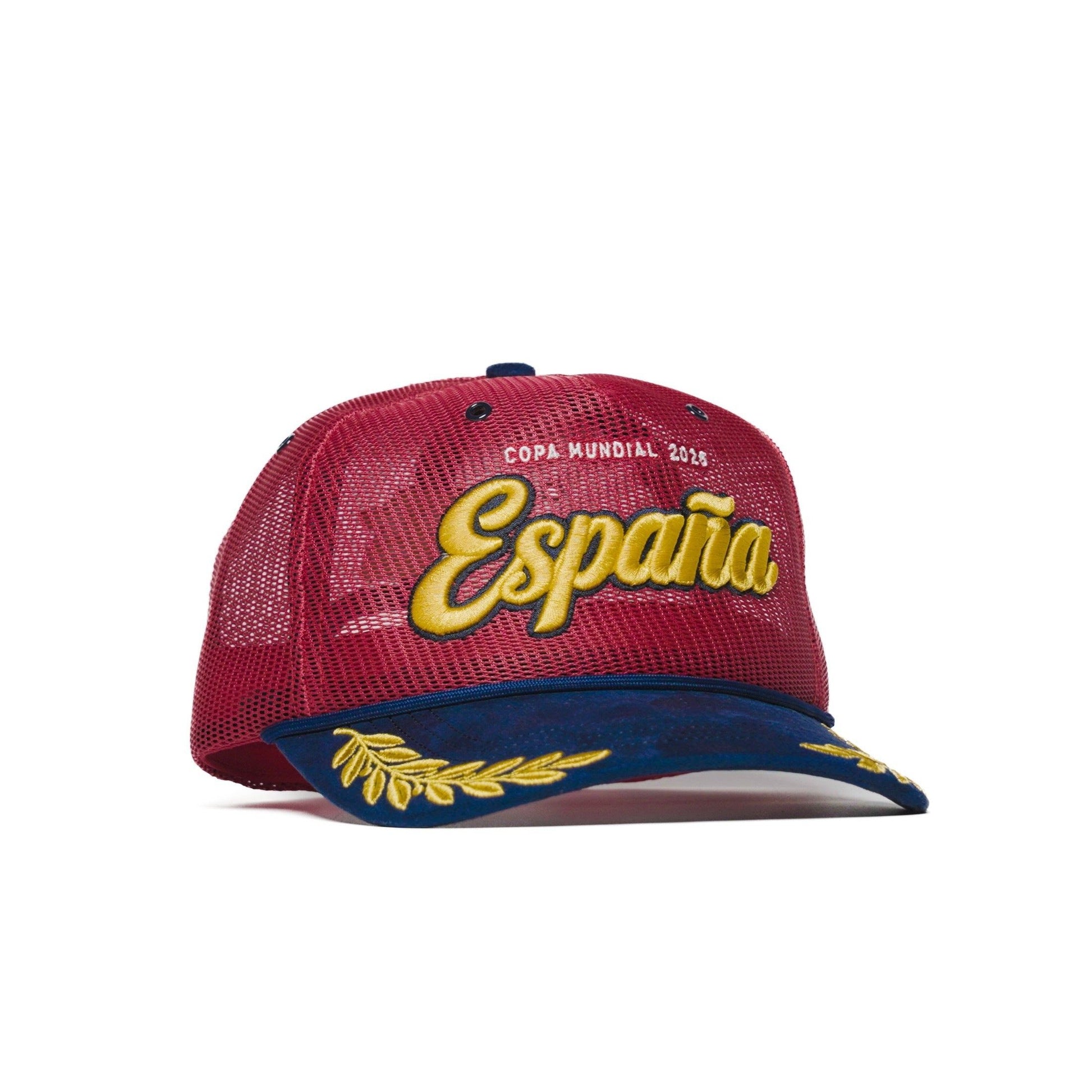 Left three-quarter angle of Spain trucker hat — The Hat Dealers — red crown, navy gold-laurel flat brim