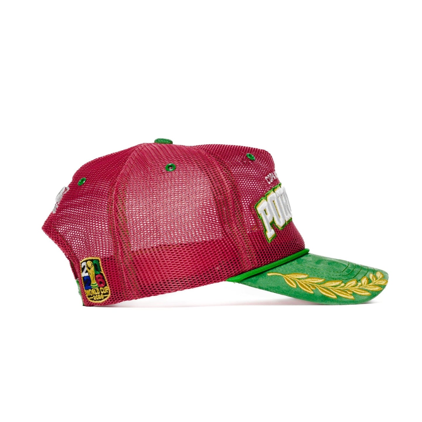 Back three-quarter angle of Portugal trucker hat showing Dealers logo and green snap closure — The Hat Dealers