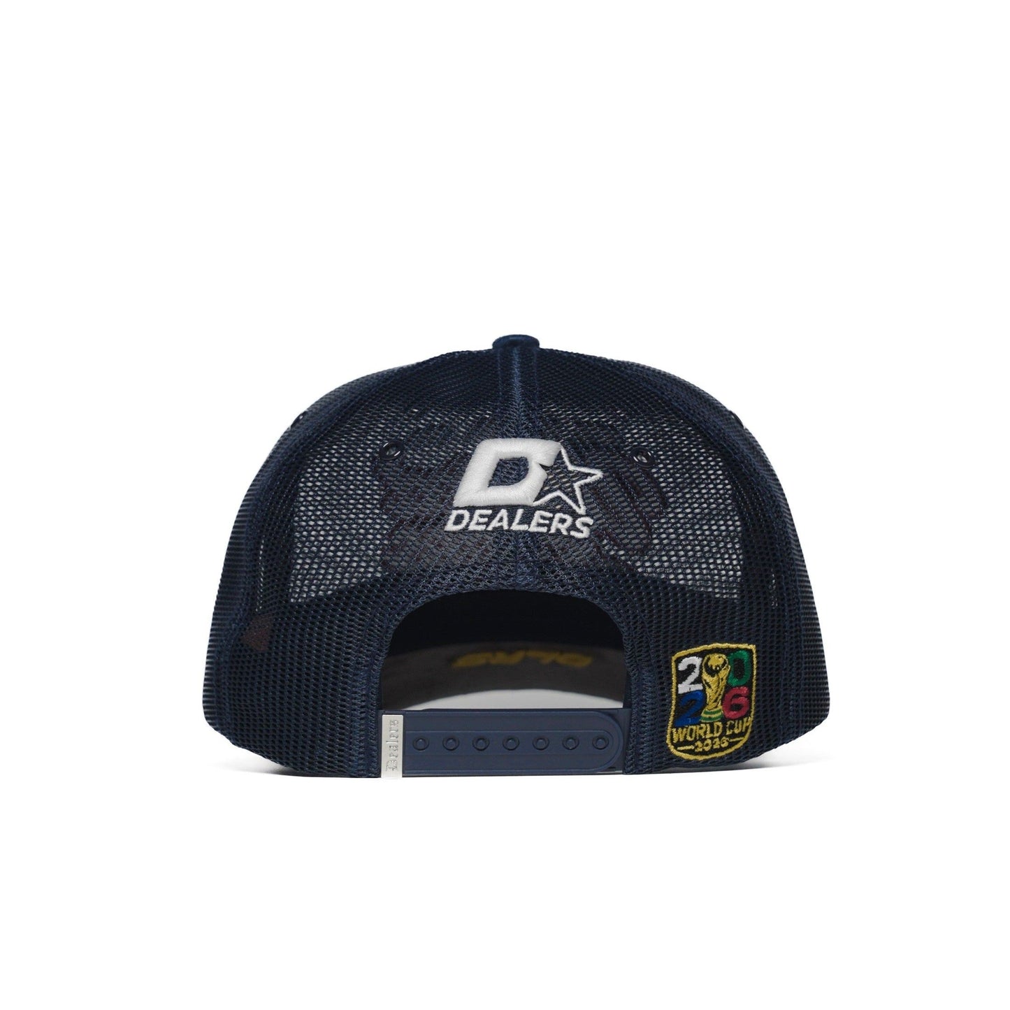 Back view of USA trucker hat — The Hat Dealers — navy mesh panels, snap closure and Dealers crest