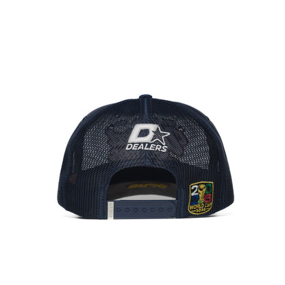 Back view of USA trucker hat — The Hat Dealers — navy mesh panels, snap closure and Dealers crest