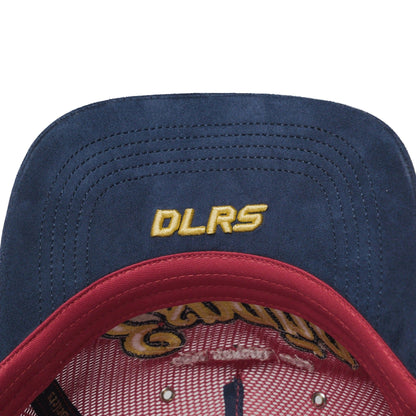 Underbrim detail of Spain trucker hat — The Hat Dealers — navy underside with gold DLRS embroidery