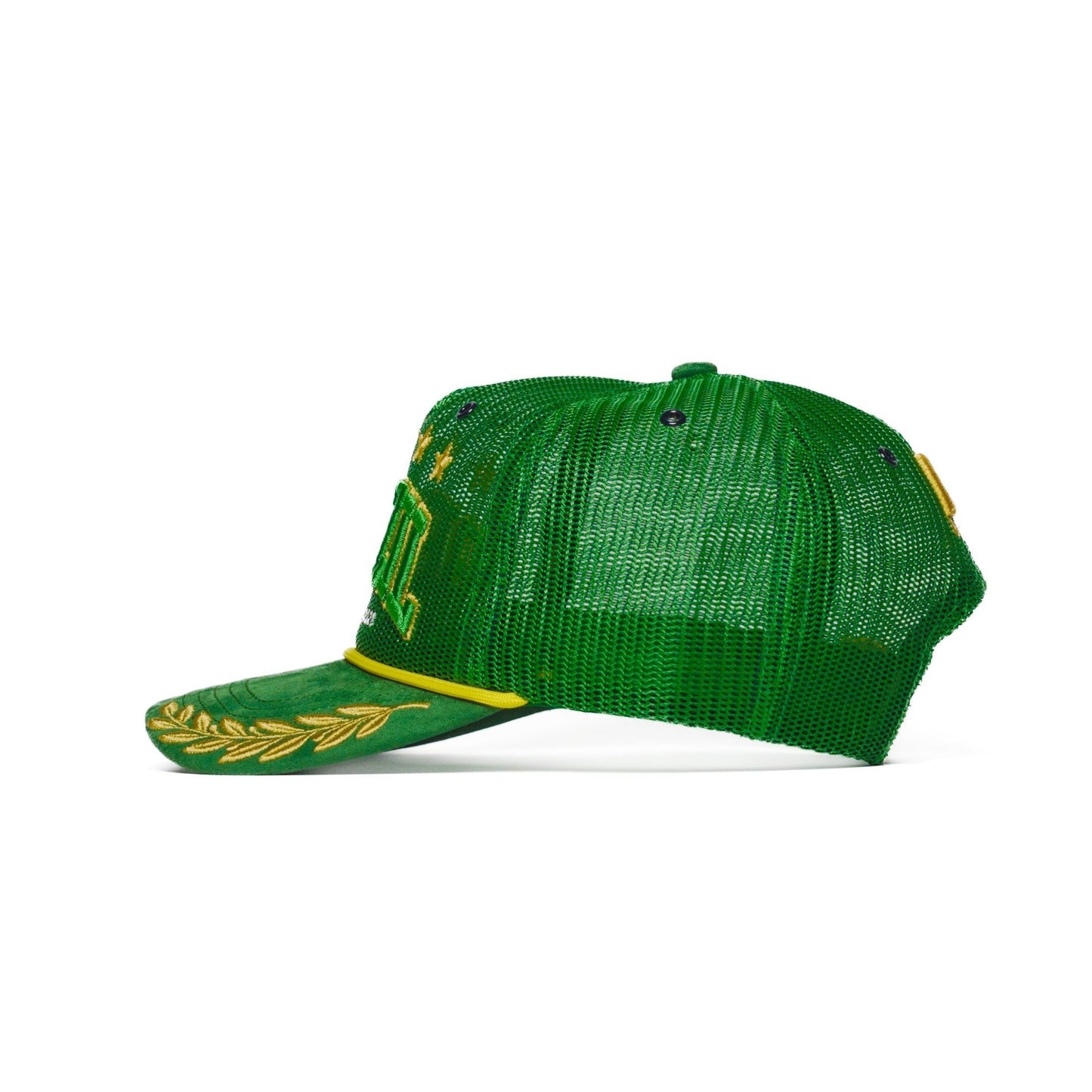 Right side view of the Brazil trucker hat — The Hat Dealers — green mesh panels with gold laurel brim embroidery