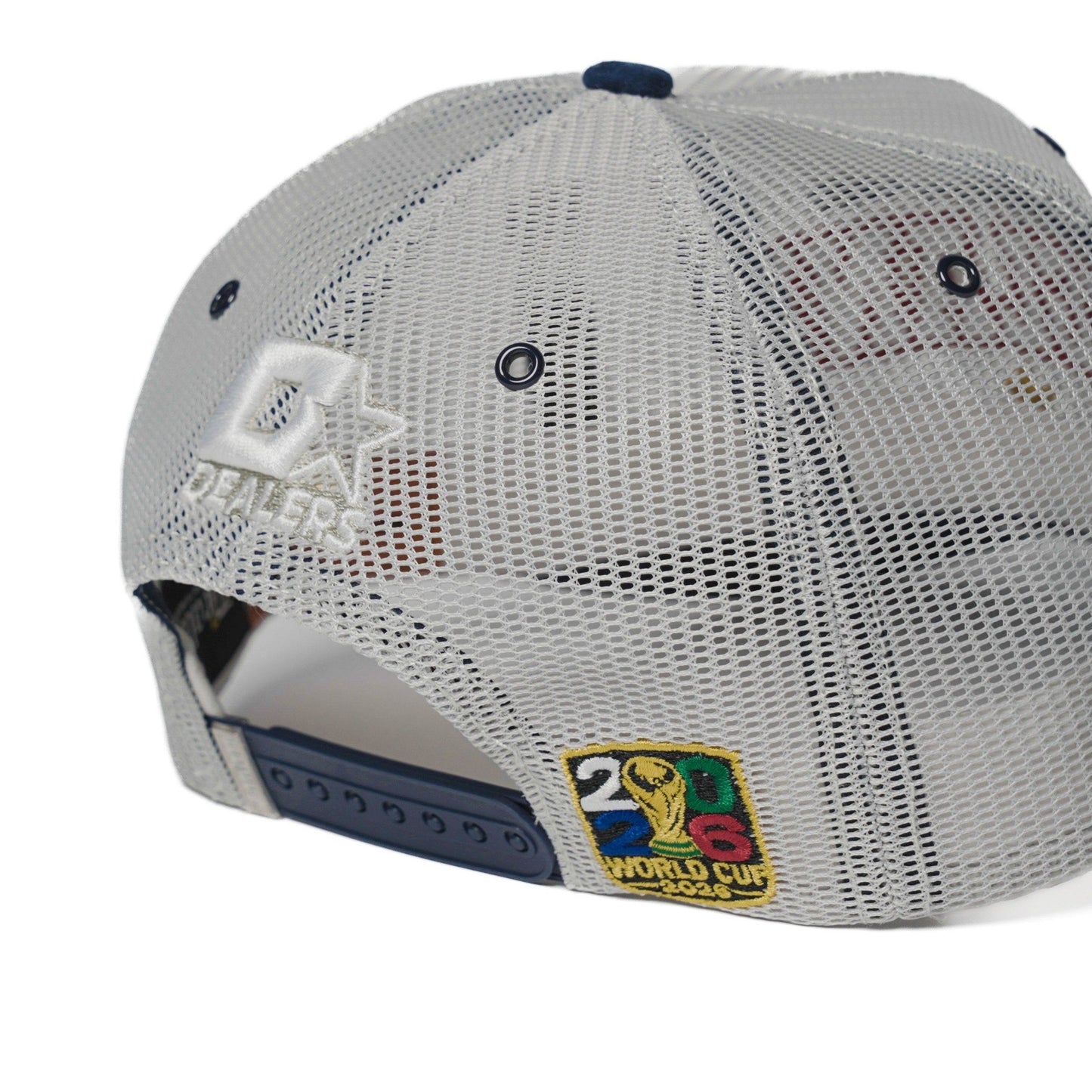Back view of England trucker hat with grey mesh, Dealers logo and woven patch by the snap closure — The Hat Dealers