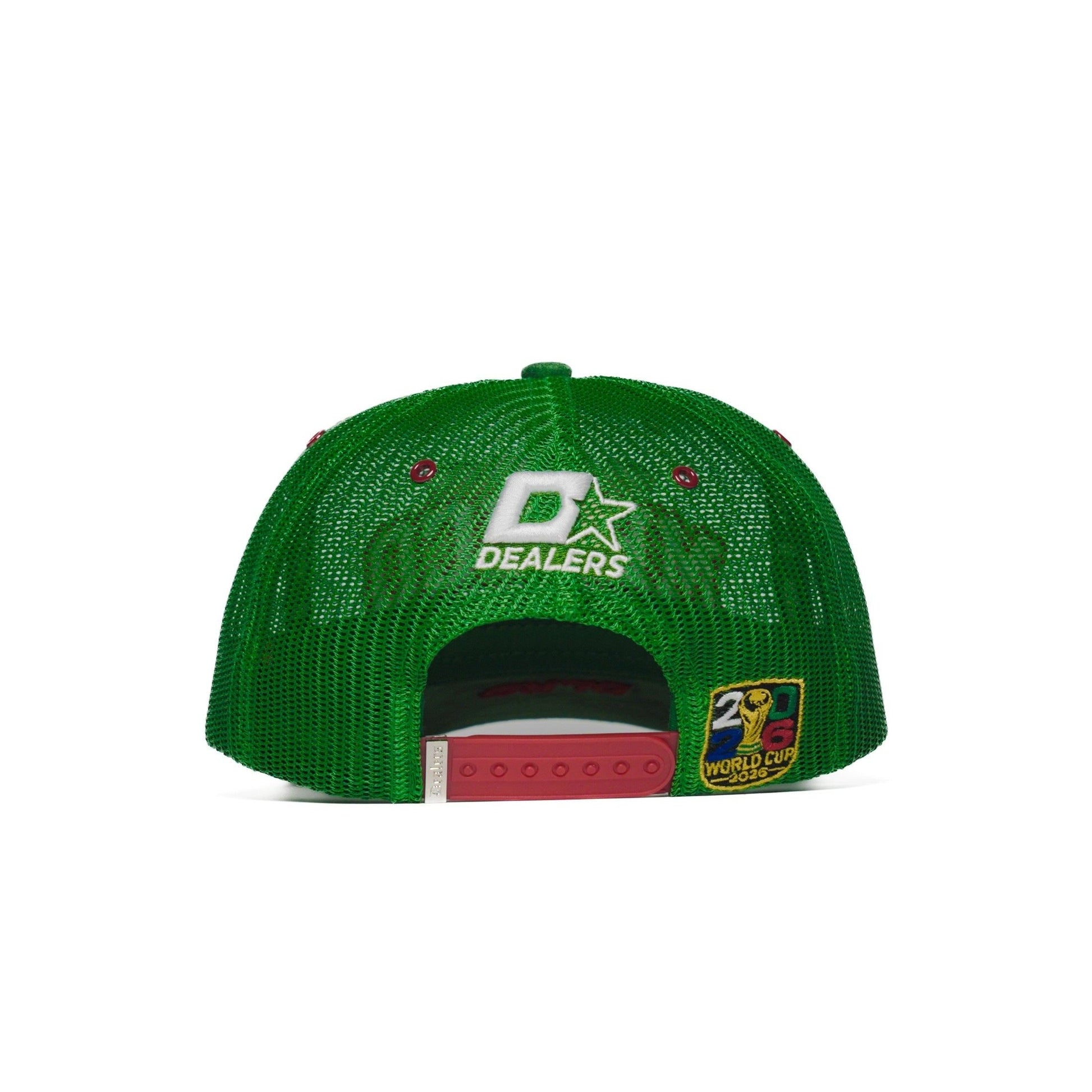 Back of the Mexico trucker hat — green mesh with white Dealers star logo, gold patch and red snap closure — The Hat Dealers