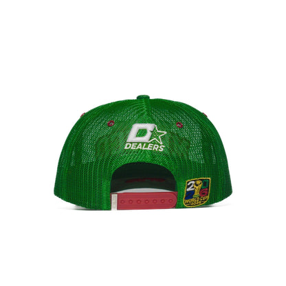 Back of the Mexico trucker hat — green mesh with white Dealers star logo, gold patch and red snap closure — The Hat Dealers