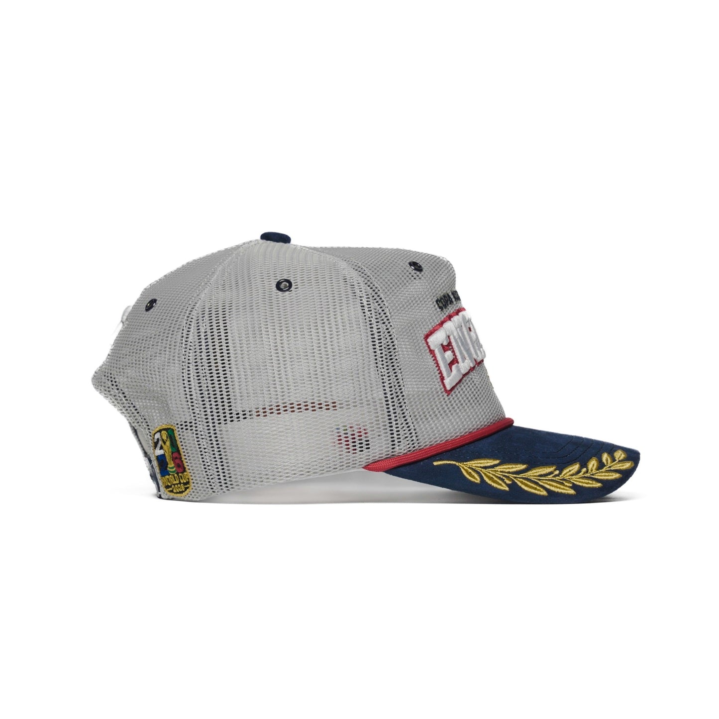 Right side view of England trucker hat showing woven patch and navy brim — The Hat Dealers