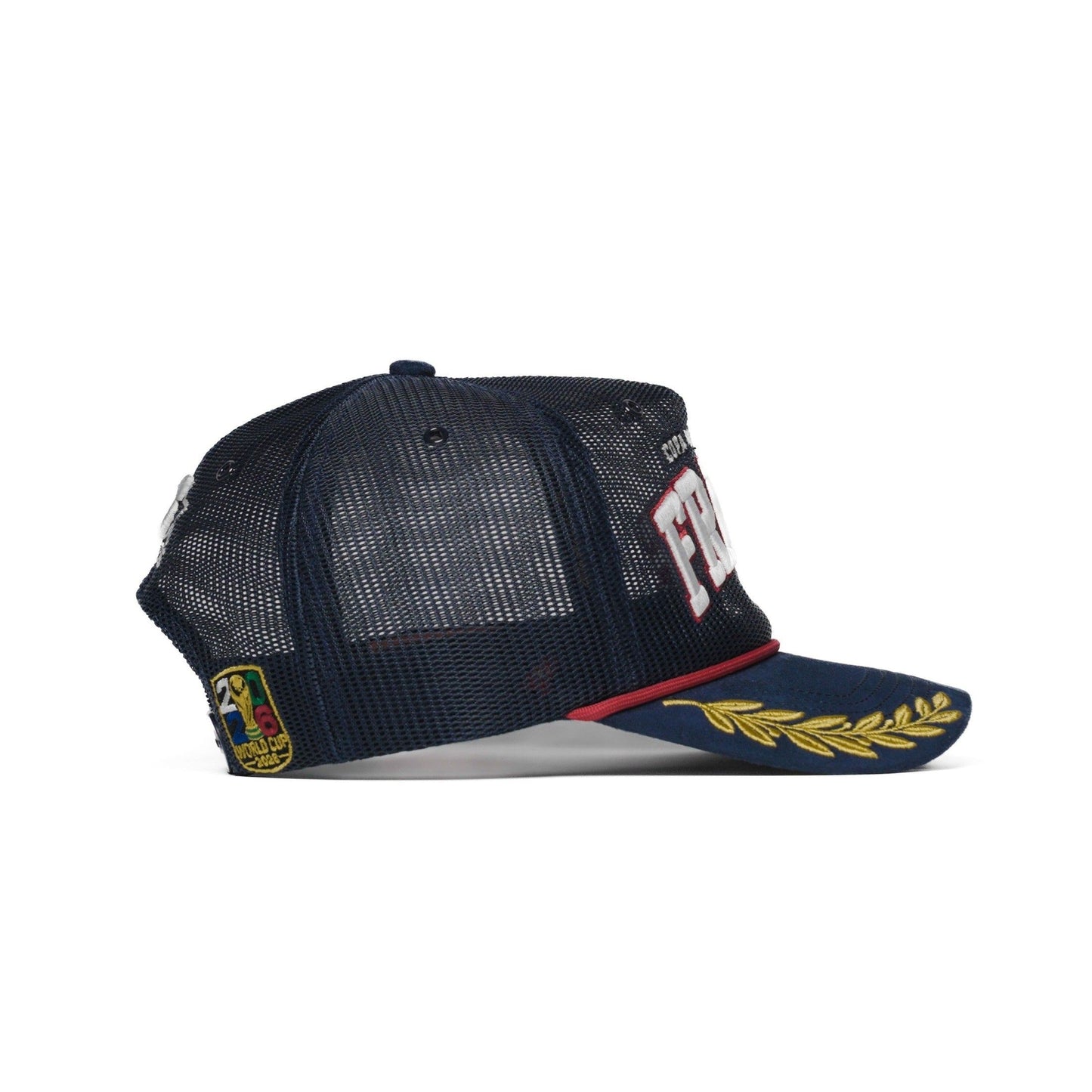 Right side of the France trucker hat — The Hat Dealers — navy mesh profile with gold laurel brim and red rope cord