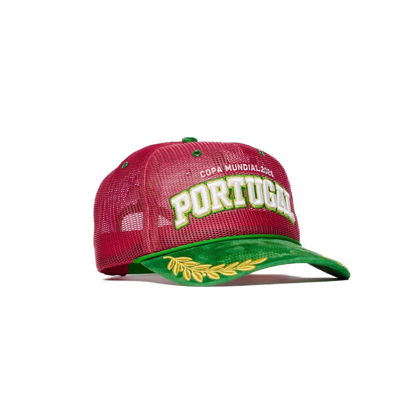 Right side view of Portugal trucker hat with red mesh back and gold laurel brim — The Hat Dealers