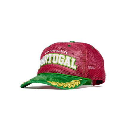 Right front angle of Portugal trucker hat with red mesh and gold laurel brim — The Hat Dealers