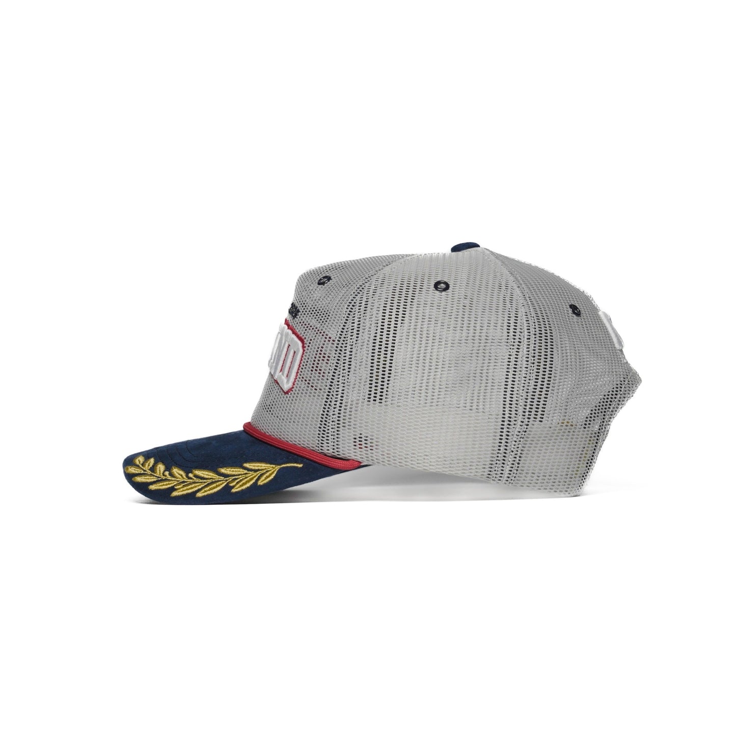 Left side view of England trucker hat with grey mesh panels and gold laurel brim — The Hat Dealers