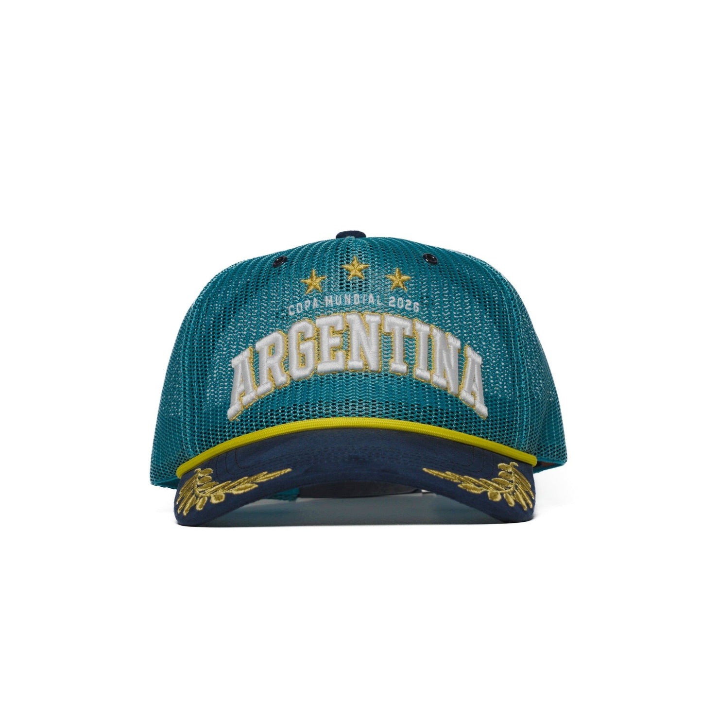 Front view of Argentina trucker hat — teal mesh trucker with navy brim, gold stars and raised white ARGENTINA embroidery — The Hat Dealers