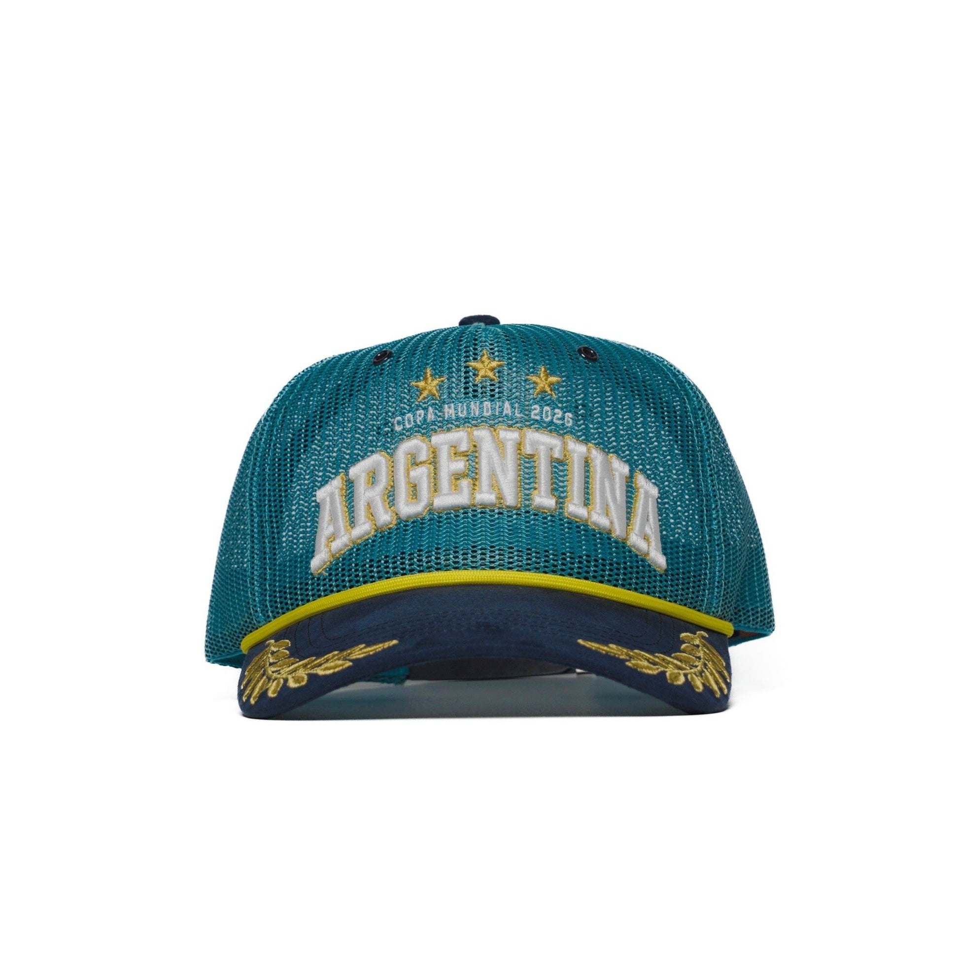 Front view of Argentina trucker hat — teal mesh trucker with navy brim, gold stars and raised white ARGENTINA embroidery — The Hat Dealers