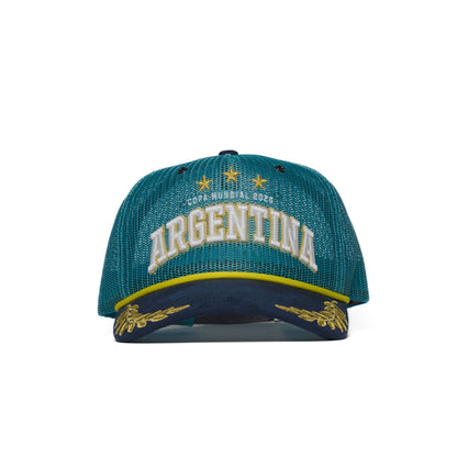 Front view of Argentina trucker hat — teal mesh trucker with navy brim, gold stars and raised white ARGENTINA embroidery — The Hat Dealers