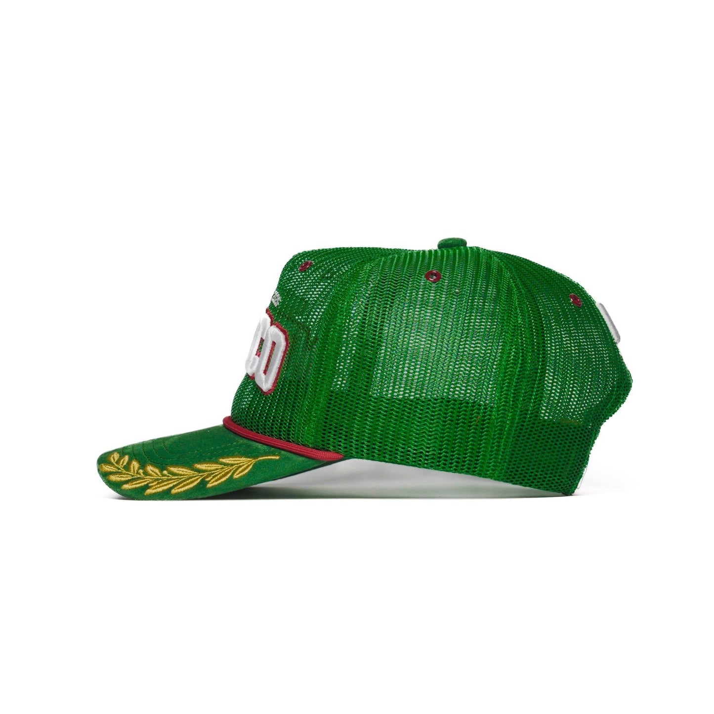 Left side of the Mexico trucker hat showing green mesh back and gold laurel brim — The Hat Dealers