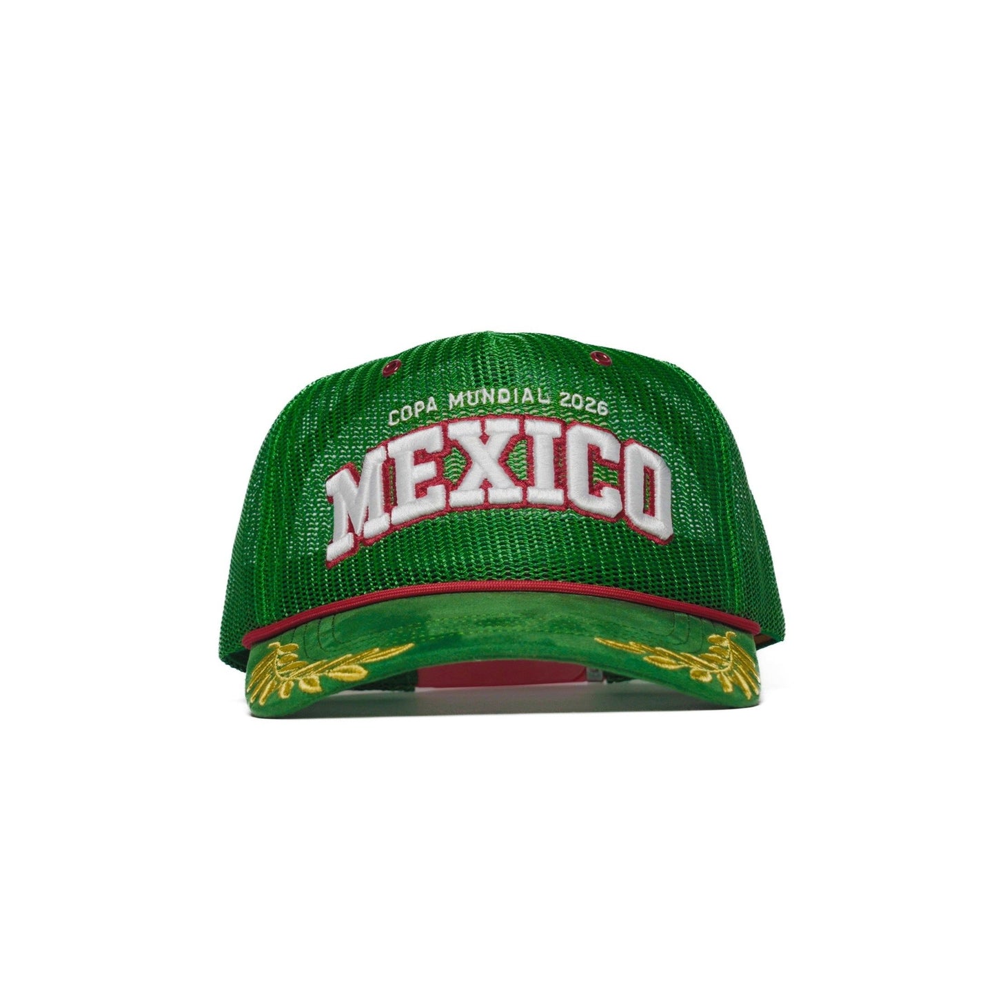 Front of the Mexico trucker hat — green crown with white and red 3D MEXICO embroidery, red rope cord and gold brim laurels — The Hat Dealers