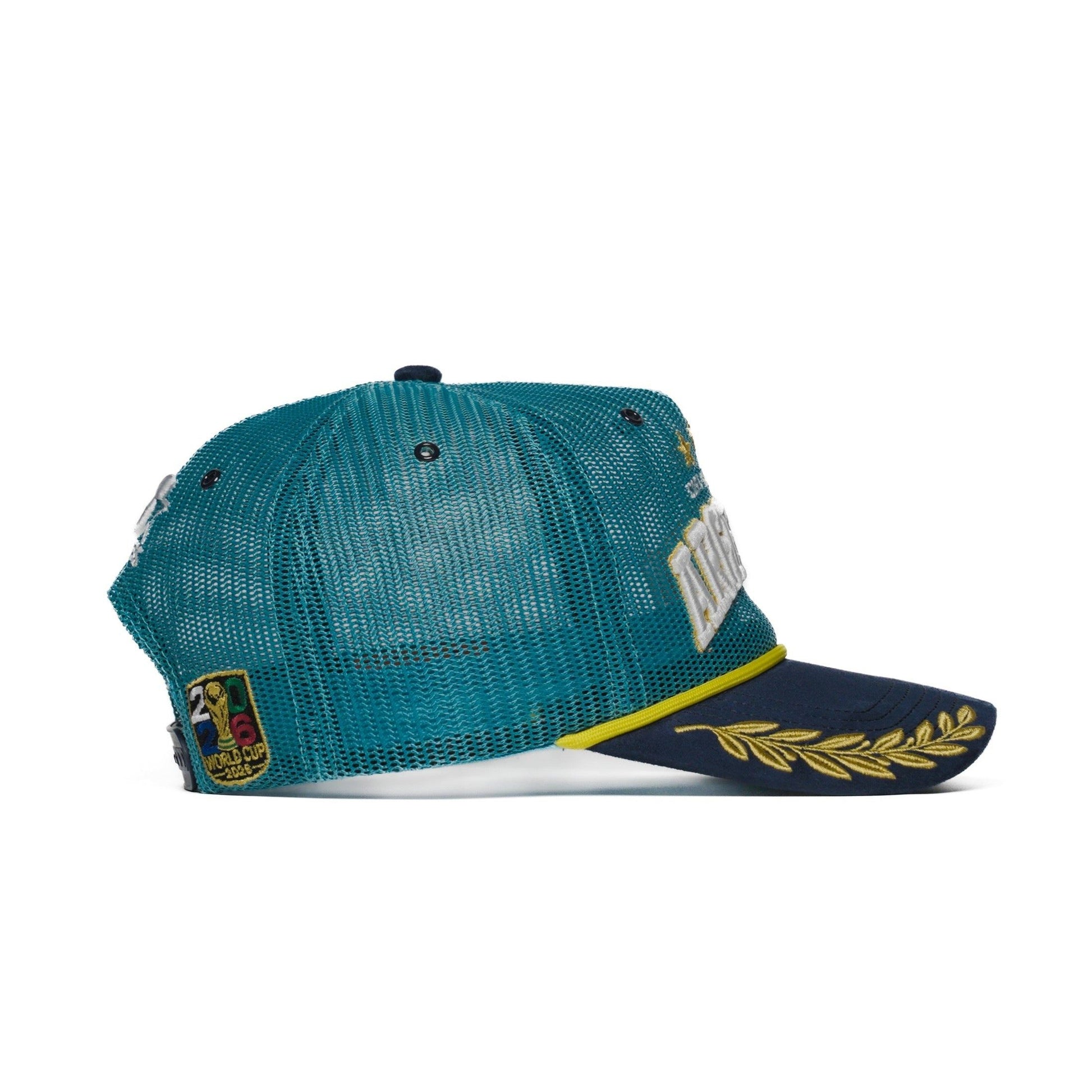 Front-left angle of Argentina trucker hat with gold laurel brim and yellow rope cord — The Hat Dealers