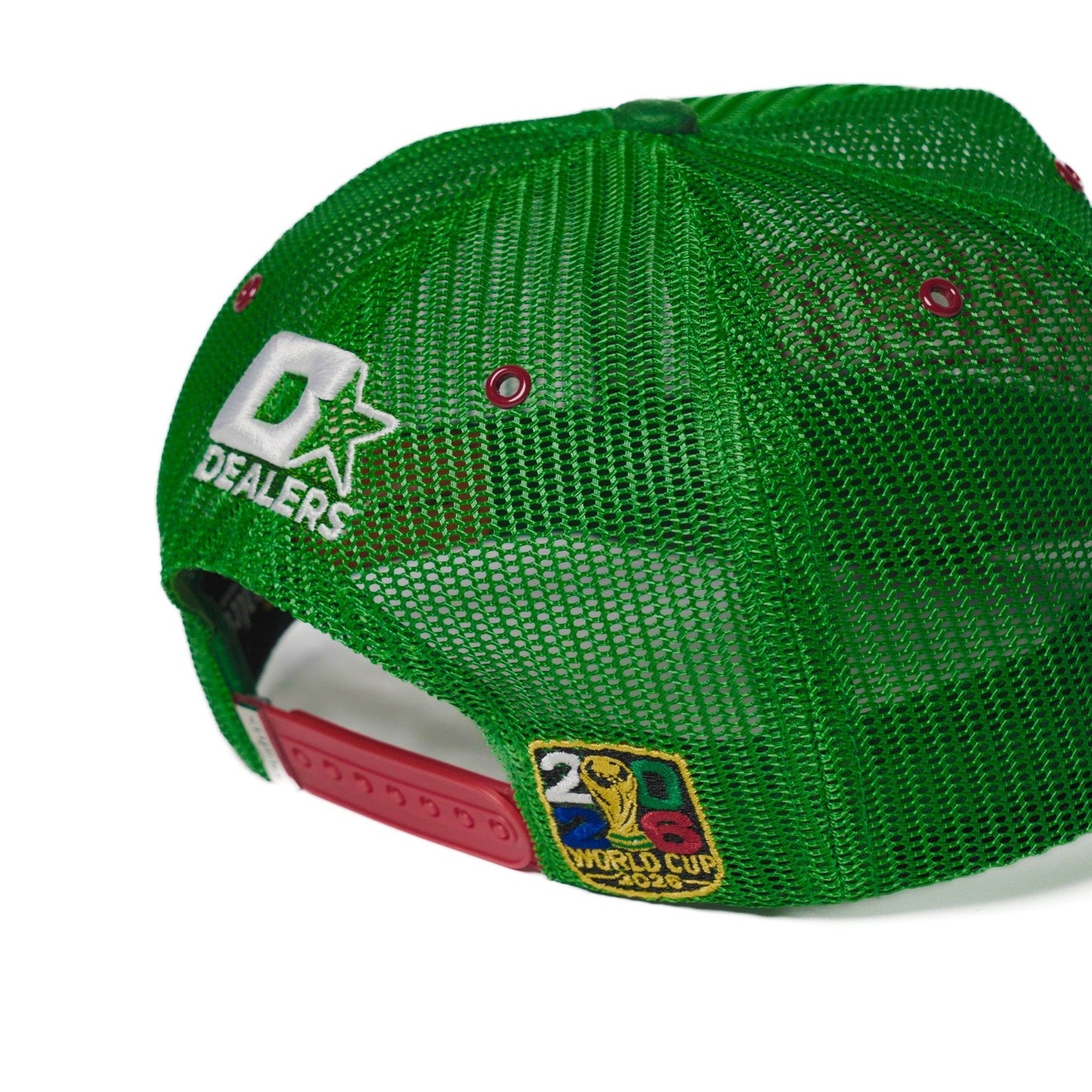 Back detail of the Mexico trucker hat showing the Dealers logo and gold patch — The Hat Dealers