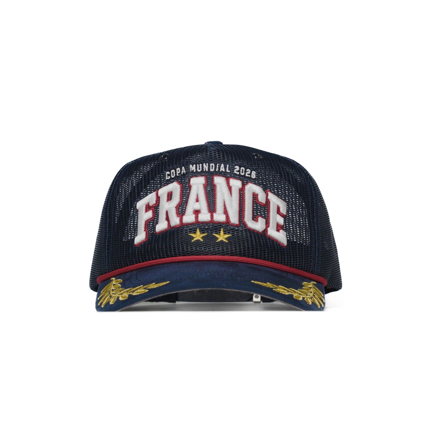 Front of the France trucker hat — The Hat Dealers — navy mesh cap with 3D white FRANCE embroidery, red outline, two gold stars and a gold laurel brim