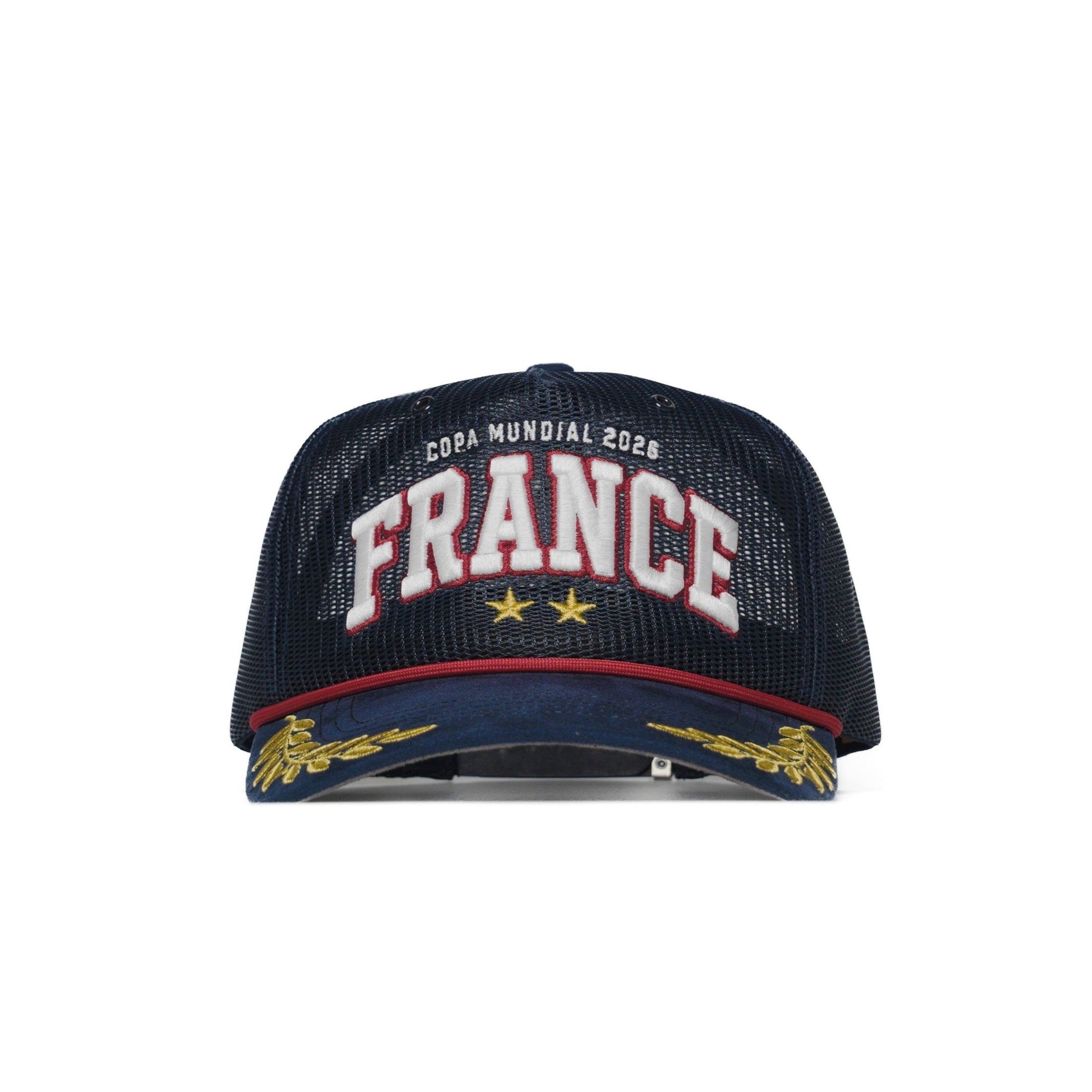 Front of the France trucker hat — The Hat Dealers — navy mesh cap with 3D white FRANCE embroidery, red outline, two gold stars and a gold laurel brim