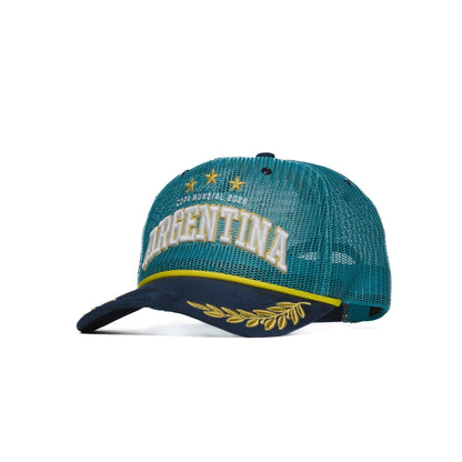 Front-right angle of Argentina trucker hat with arched front lettering and gold laurels — The Hat Dealers