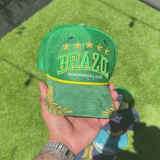 Brazil trucker hat - in-hand close-up