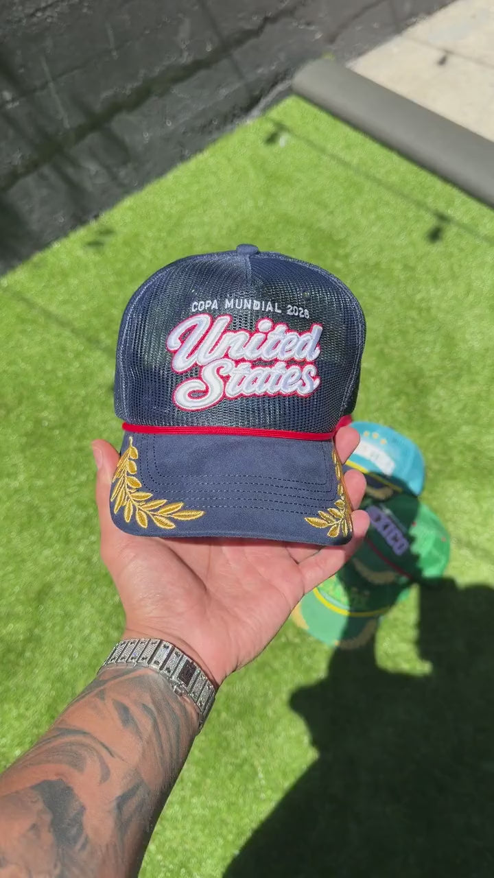 USA trucker hat - in-hand close-up