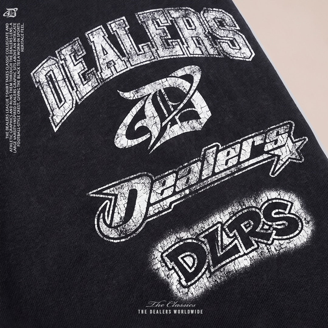 Distressed Dealers and DLRS leg graphics on the washed black sweatpant