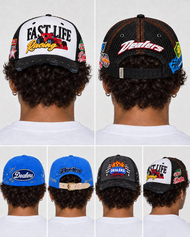 The backs of all three Racing Series hats