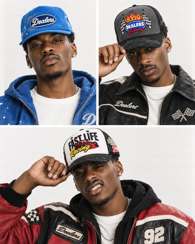 The three Racing Series hats worn in a three-photo set
